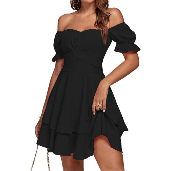 Women Black Tie Back Off Shoulder Wrap Layer Ruffle Short Sleeve Mini Dress - Picture 1 of 7